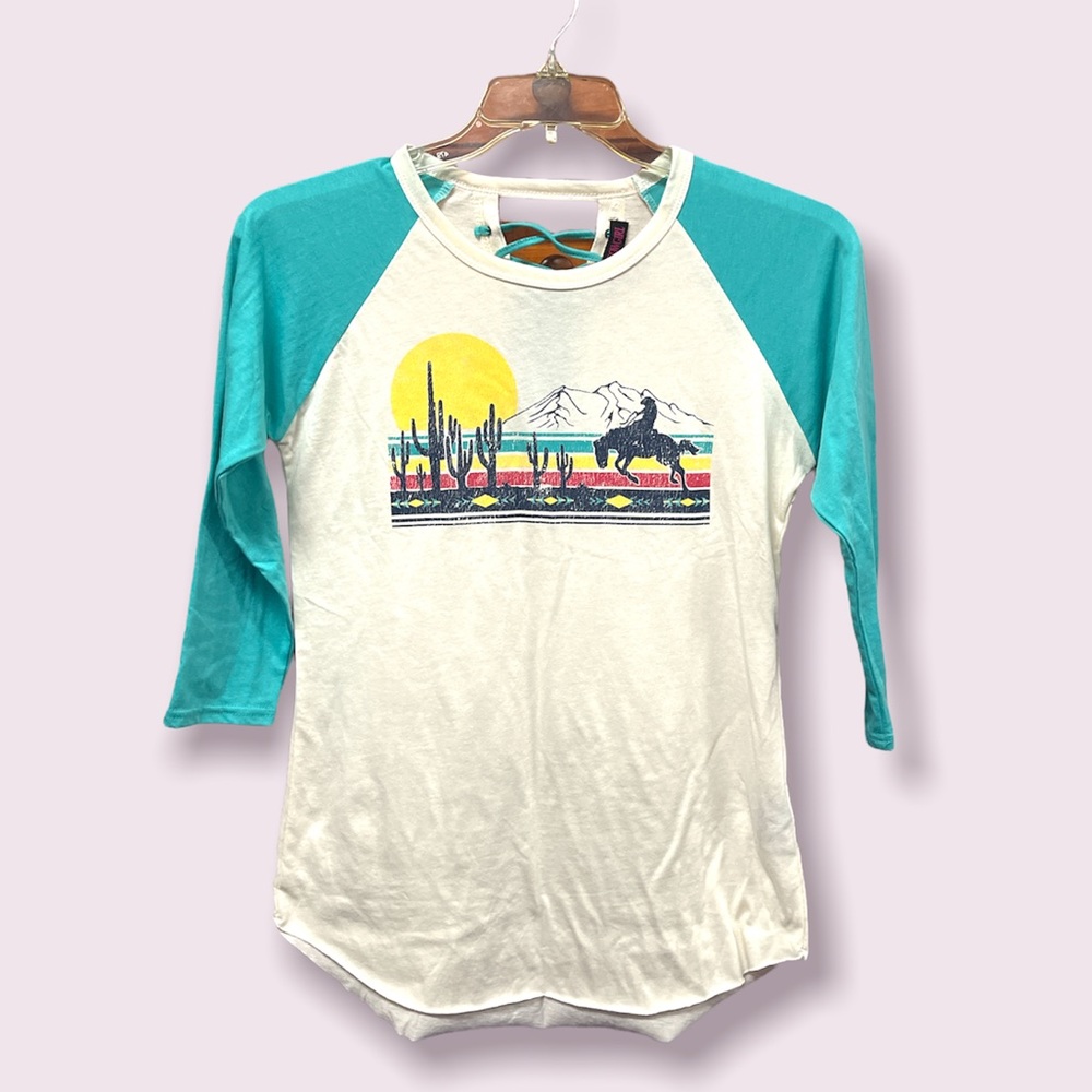 Rock & Roll Cowgirl Southwest 3/4 Sleeve Baseball Tee Lace Up Back, Size Medium